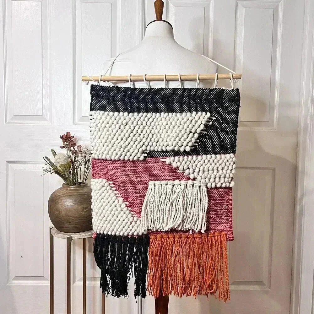 Handmade Woven Orange Cream Black Wool Tapestry Wallhanging Bohemian Boho 70s